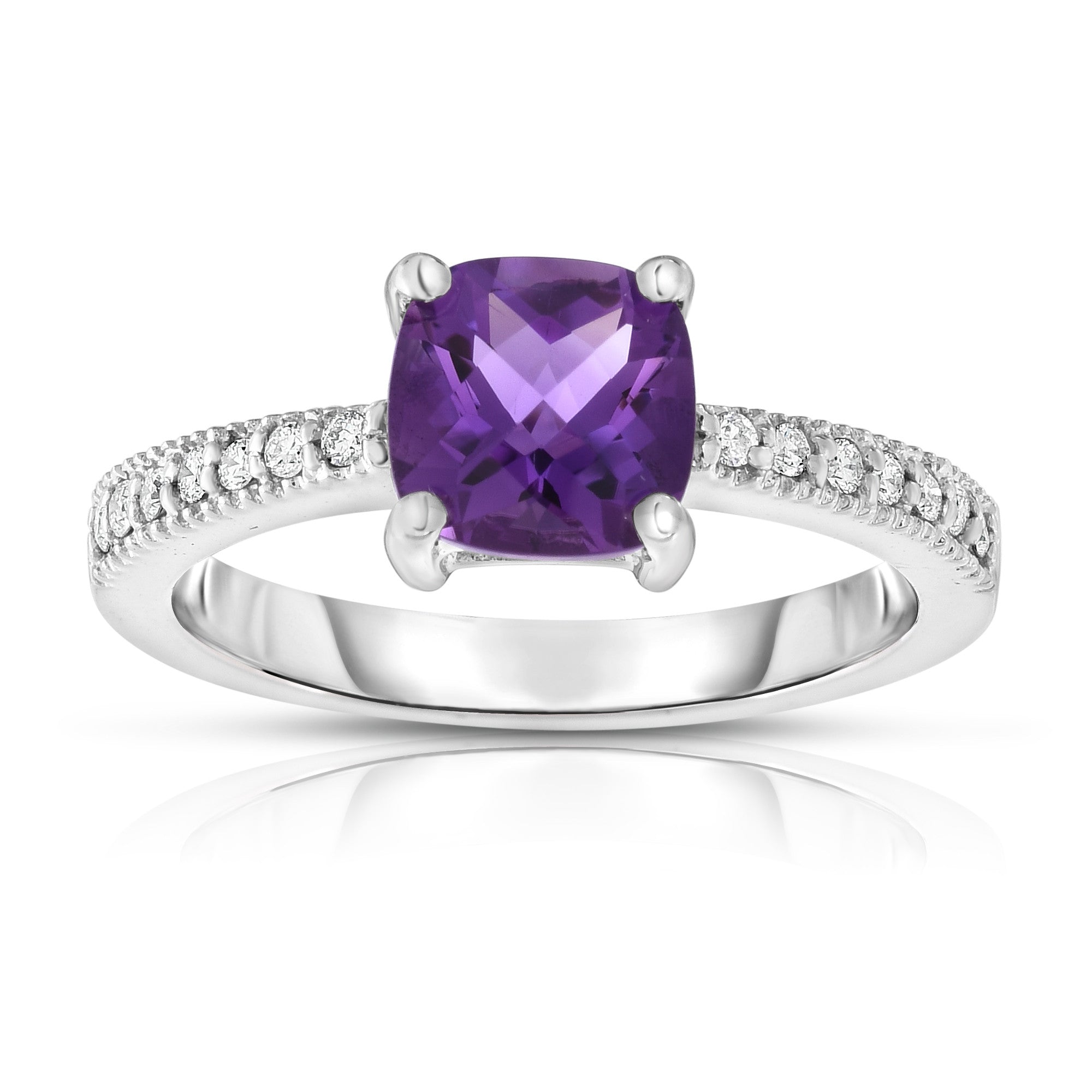 Cushion Cut Checkerboard Amethyst & 0.12Ct Diamond Ring in 14K White Gold