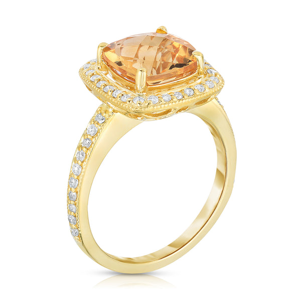 14K Yellow Gold Cushion Citrine & Diamond (0.40 Ct, G-H, SI2-I1 Clarity) Milligrain Ring