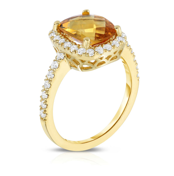 14K Yellow Gold Emerald Shape Citrine & Diamond (0.50 Ct, G-H Color, SI2-I1 Clarity) Ring