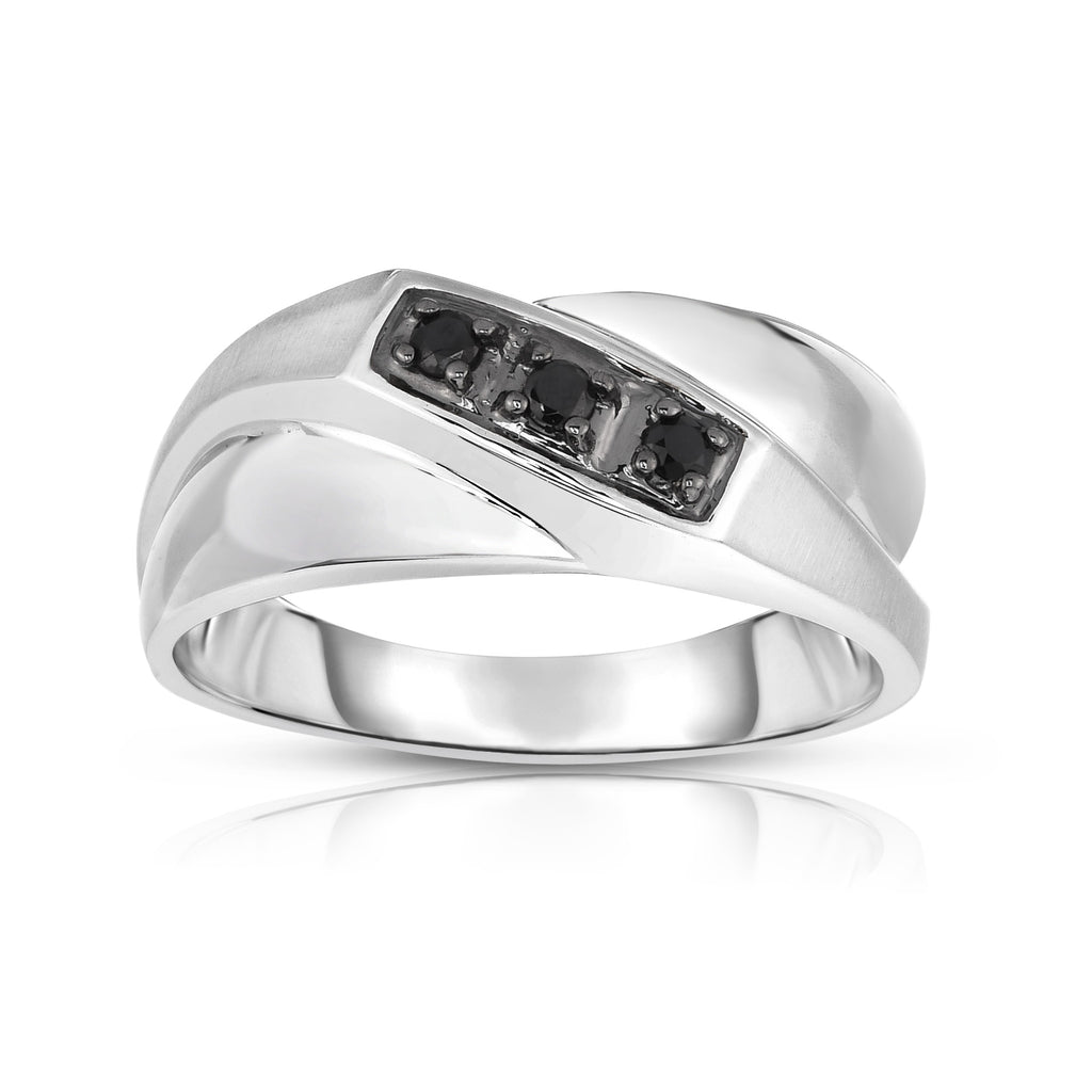 14K White Gold Black Diamond (0.18 Ct, I1-I2 Clarity, Black Color) Men's 3-Stone Ring