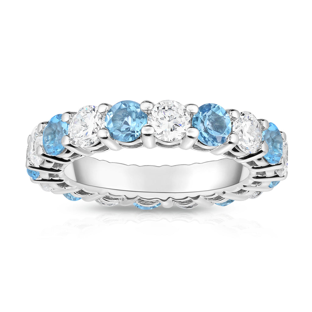 14K White Gold Swiss Blue Topaz & Diamond (4.00 Ct-5.00 Ct, SI2-I1 Clarity) Eternity Ring