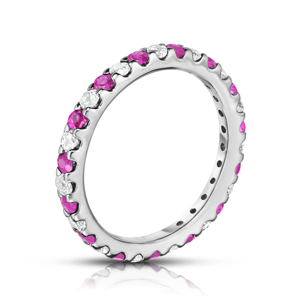 14K White Gold Pink Sapphire & Diamond (0.90 Ct-1.00 Ct, SI2-I1 Clarity) Eternity Ring