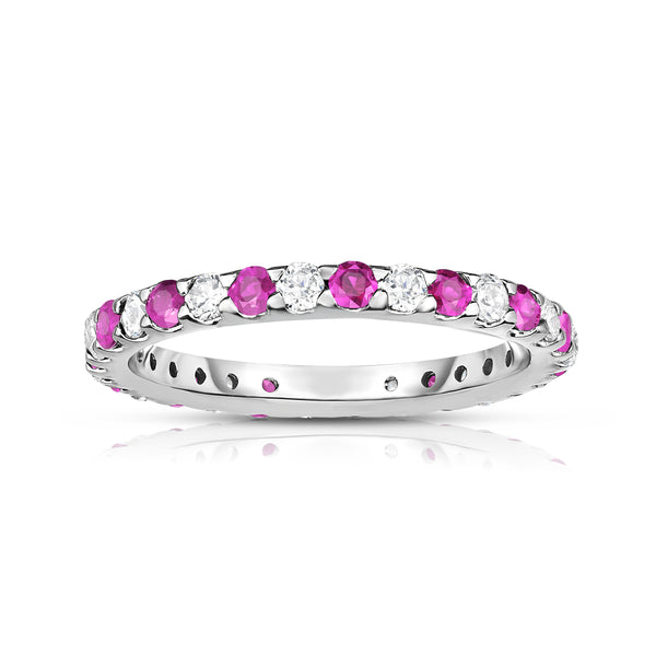 14K White Gold Pink Sapphire & Diamond (0.90 Ct-1.00 Ct, SI2-I1 Clarity) Eternity Ring