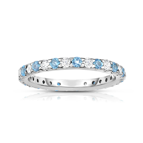 14K White Gold Swiss Blue Topaz & Diamond (0.90 Ct-1.00 Ct, SI2-I1 Clarity) Eternity Ring