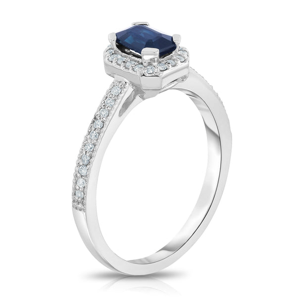 14K White Gold Emerald Cut Blue Sapphire & Diamond (0.15 Ct, G-H, SI2-I1) Ring