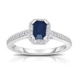 14K White Gold Emerald Cut Blue Sapphire & Diamond (0.15 Ct, G-H, SI2-I1) Ring