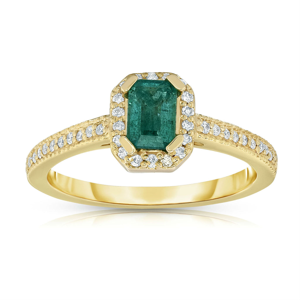 14K Yellow Gold Emerald Cut Emerald & Diamond (0.15 Ct, G-H, SI2-I1) Ring
