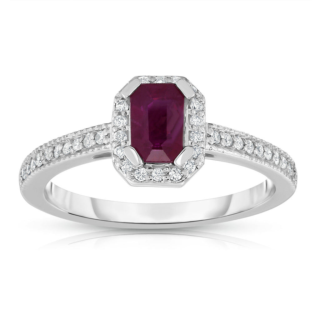 Noray Designs 14K White Gold Emerald Cut Ruby & Diamond (0.15 Ct, G-H, SI2-I1) Ring