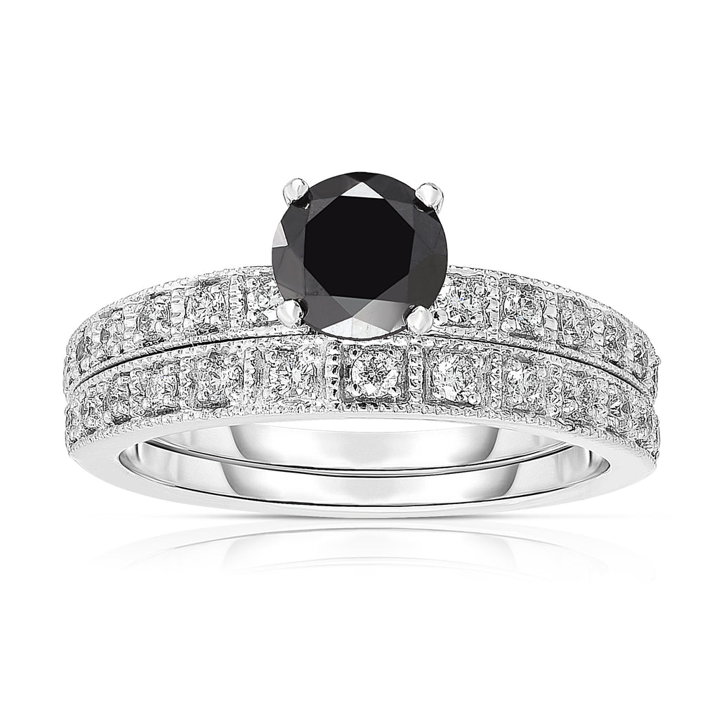 14K White Gold 1.20 TDW Black And White Diamond Engagement Ring Set