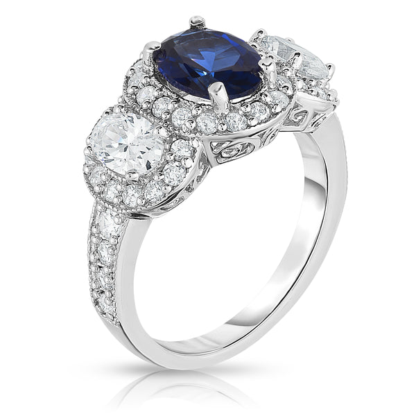 14K White Gold Oval Blue Sapphire & Diamond (1.30 Ct, G-H Color, SI2-SI3 Clarity) Ring