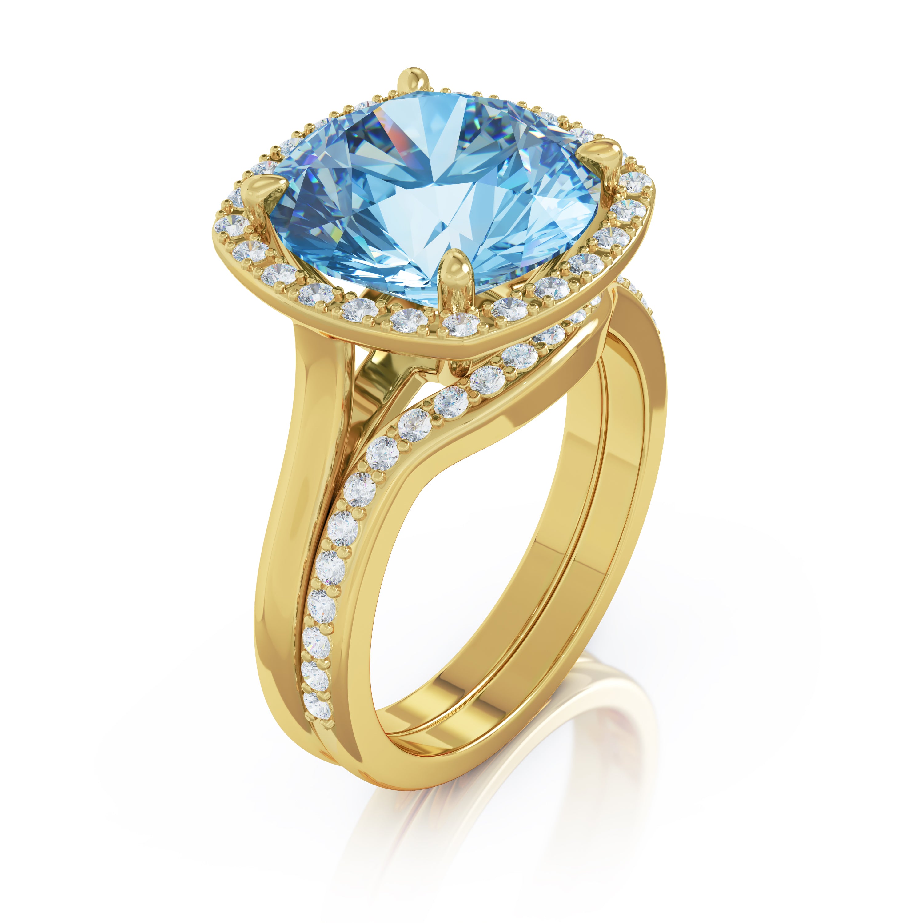 11MM Swiss Blue Topaz & Diamond Wedding Set in 14K Gold