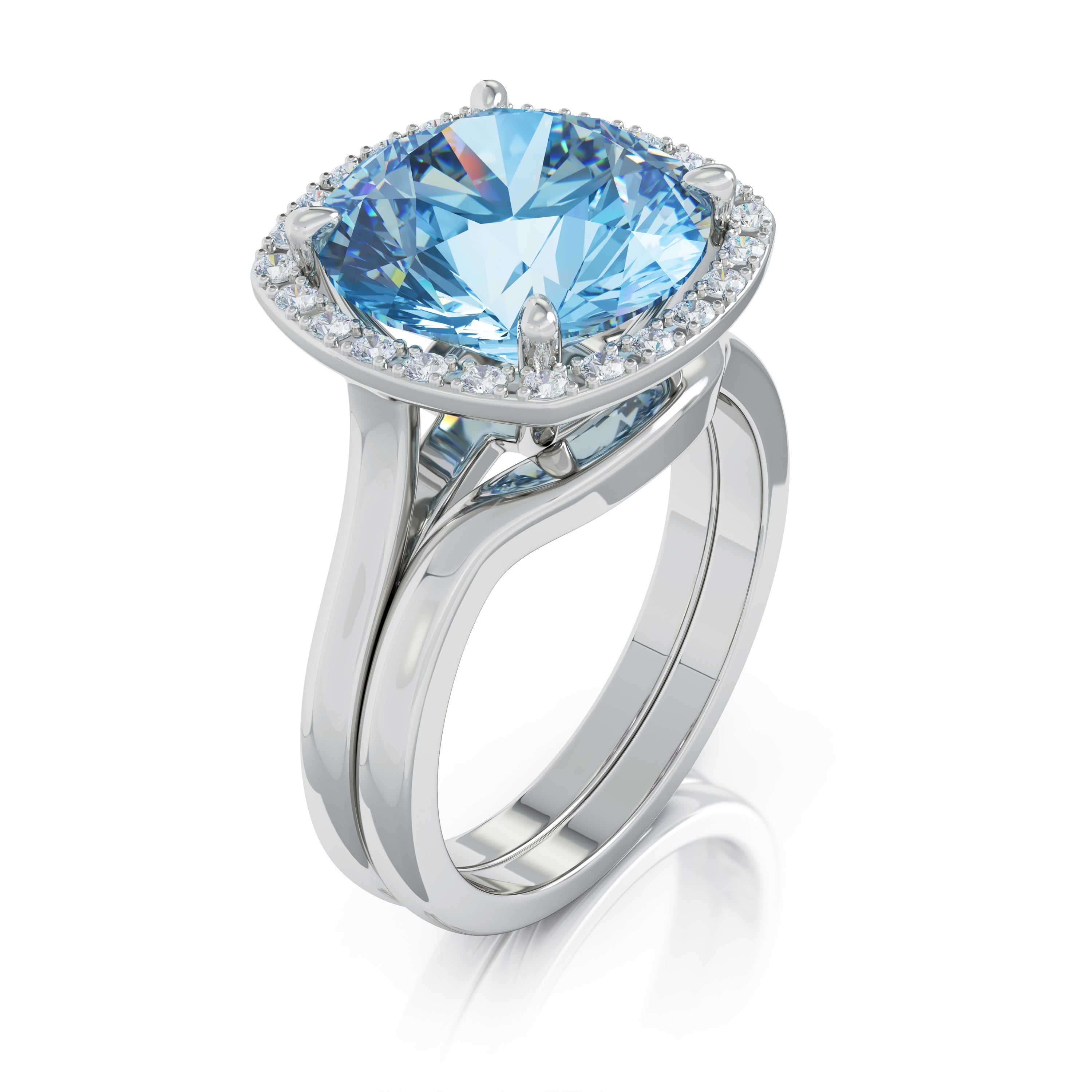 11MM Swiss Blue Topaz & Diamond Wedding Set in 14K Gold