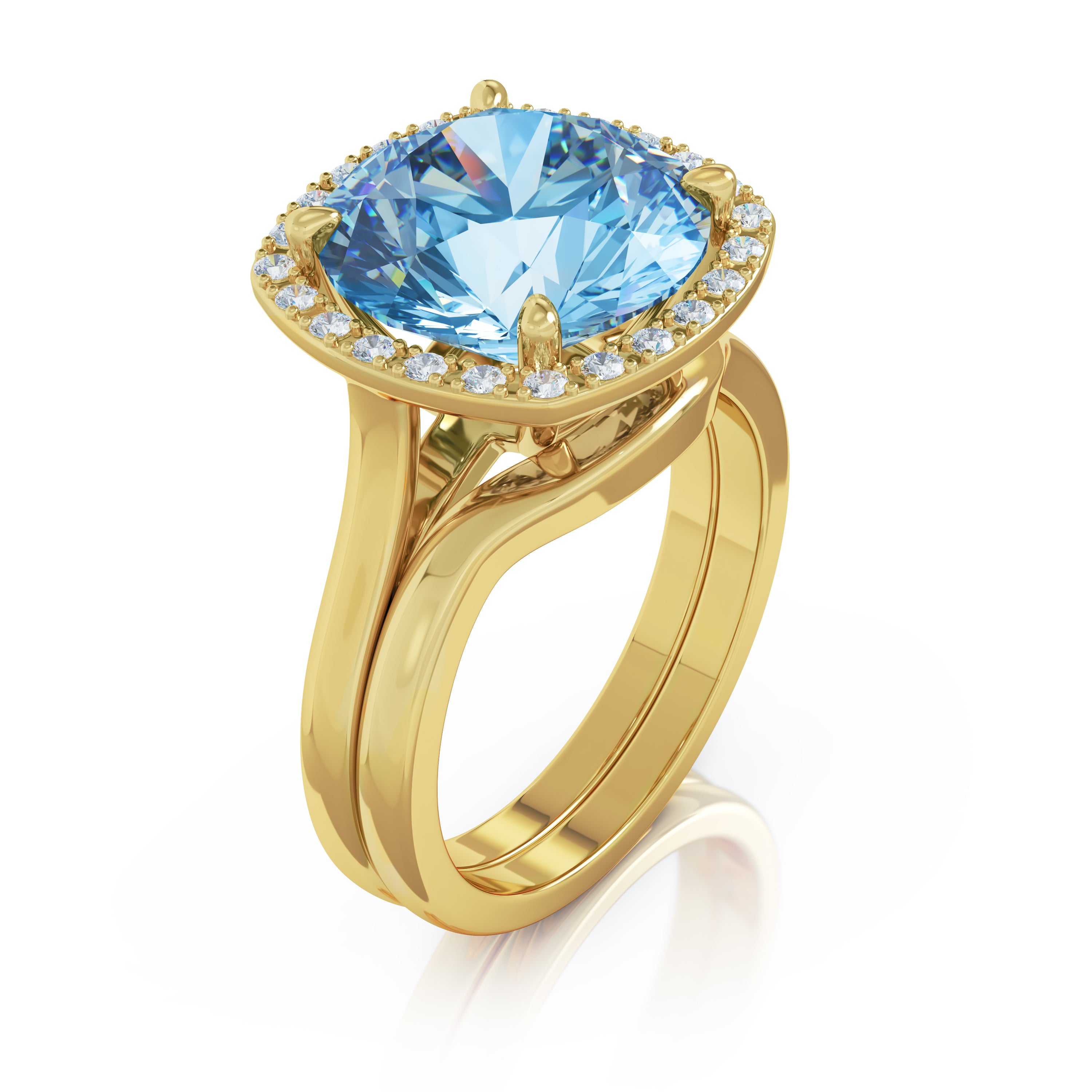 11MM Swiss Blue Topaz & Diamond Wedding Set in 14K Gold