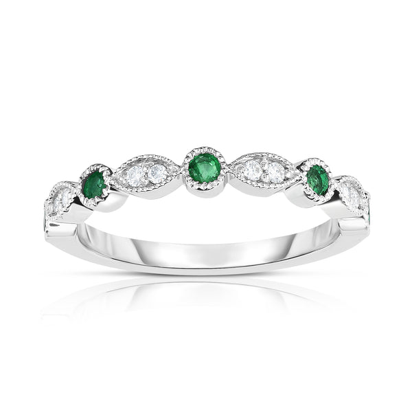 14K White Gold Emerald & Diamond (0.08 Ct, G-H Color, SI2-I1 Clarity) Stackable Milligrain Ring