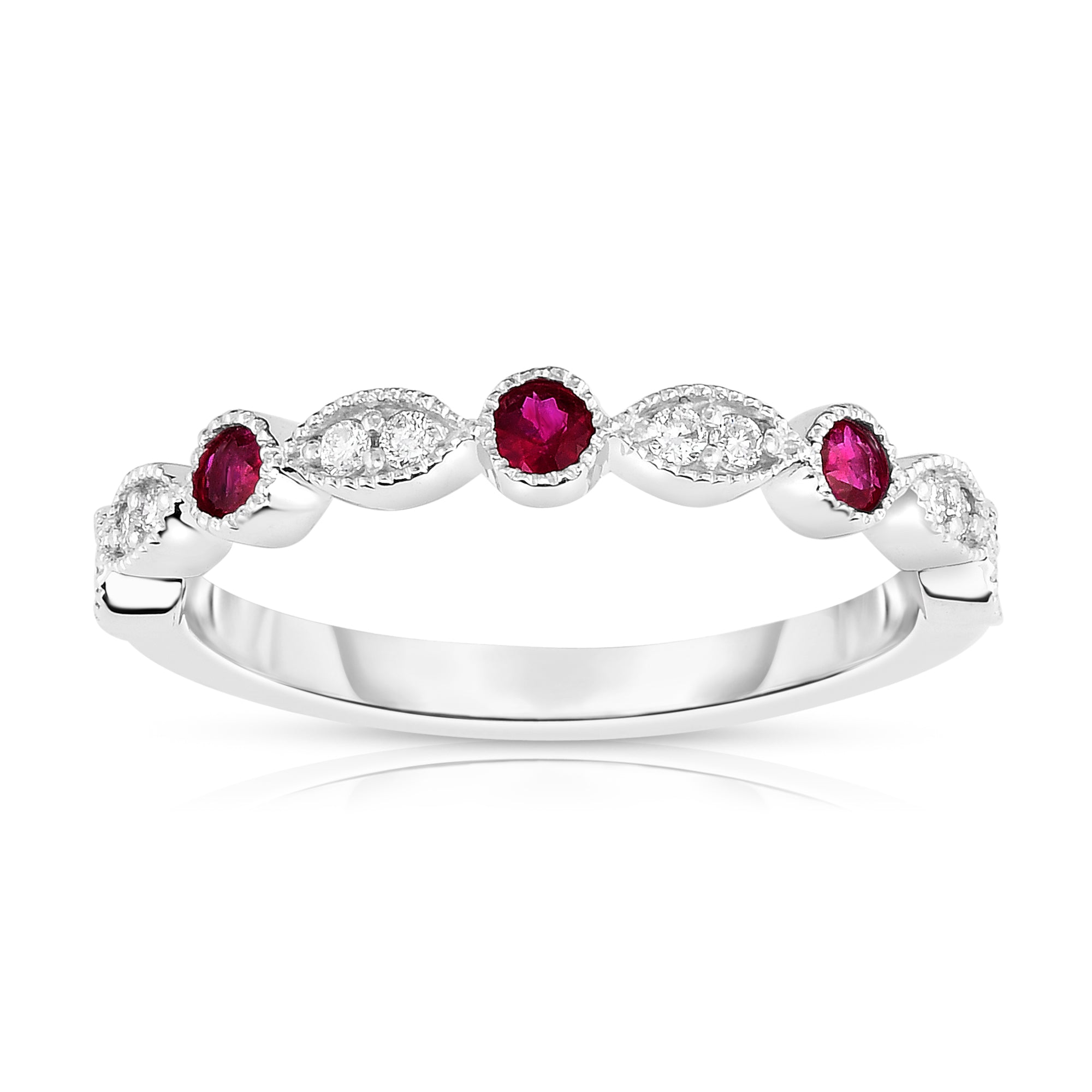 Gemstone & 0.08Ct Diamond Stackable Milligrain Ring in 14K White Gold