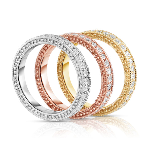 14K White, Yellow & Rose Gold (2.10 Ct, G-H, SI2-I1 Clarity) Miligrain Stackable Ring Set