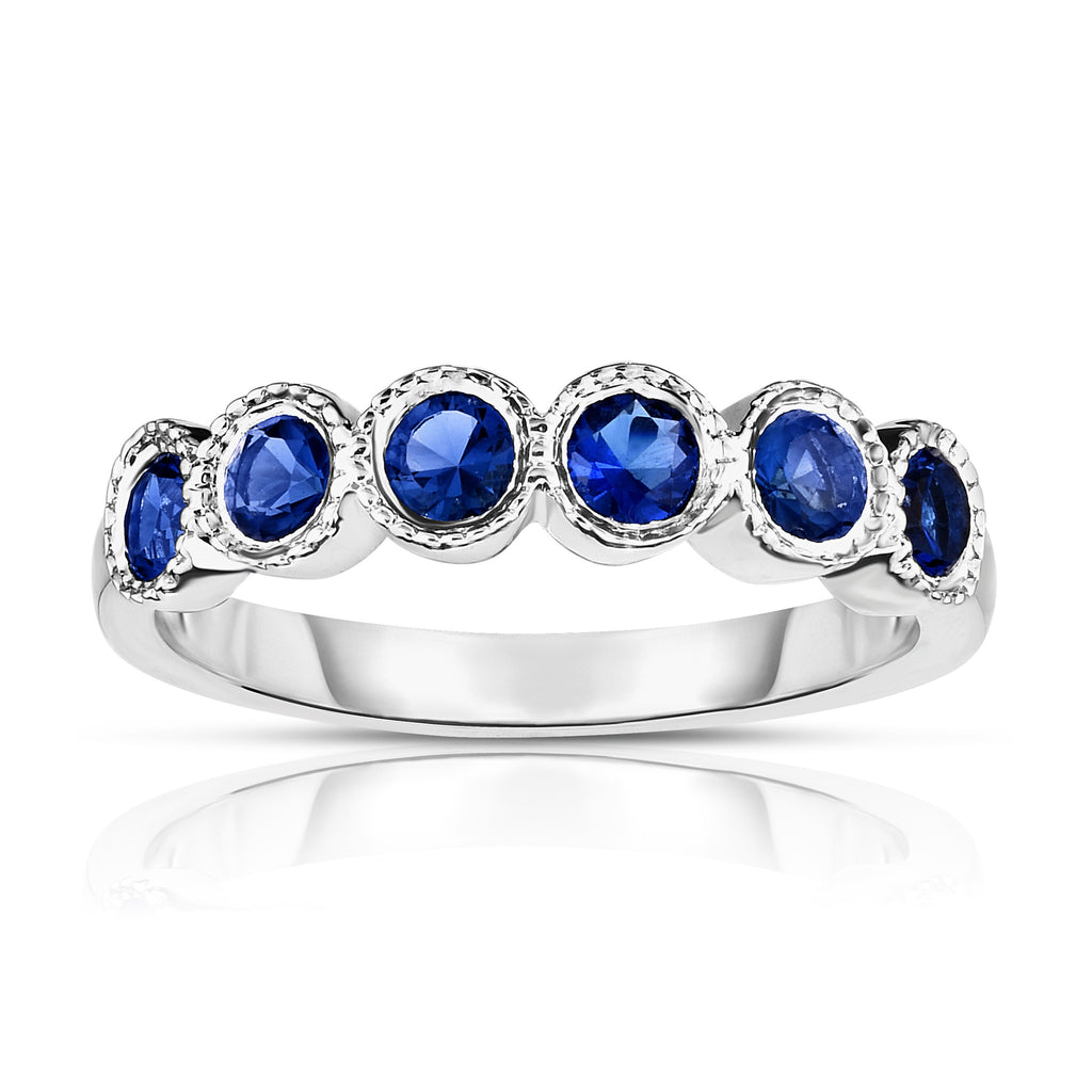 14K White Gold 6-Stone Bezel Set Blue Sapphire (3MM, Round Cut) Ring