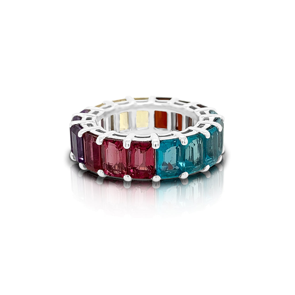 14K Gold Rainbow Multicolor Gemstone (6X4MM) Eternity Ring