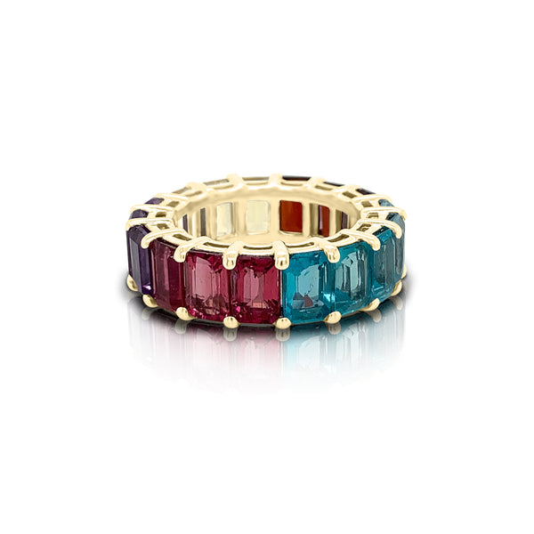 14K Gold Rainbow Multicolor Gemstone (6X4MM) Eternity Ring
