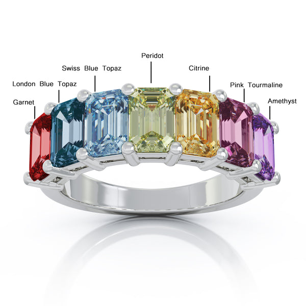 Sterling Silver 6x4MM Emerald Cut Rainbow Gemstone Ring