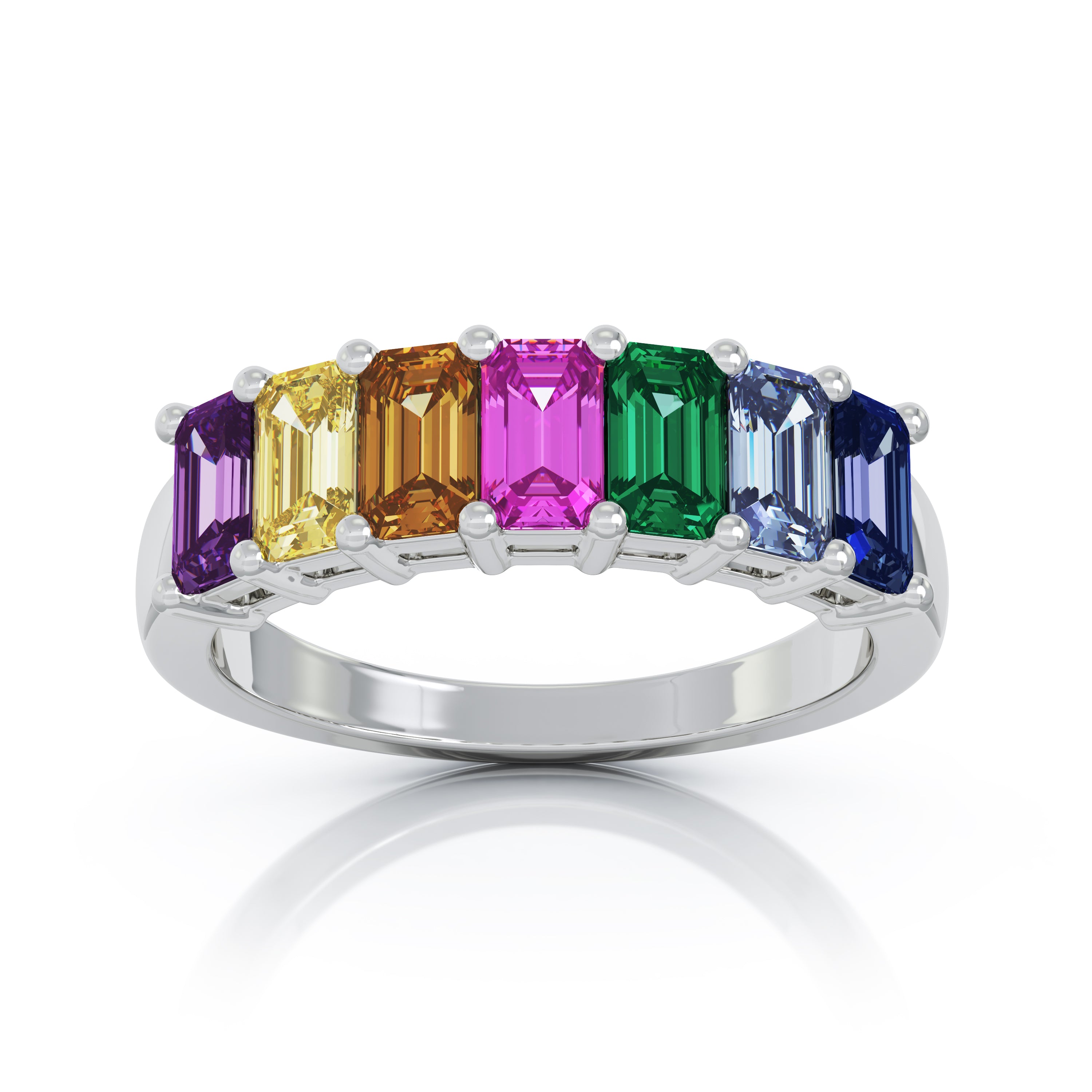 5x3MM Emerald Cut Rainbow Multi-Sapphire Ring in 14K Gold