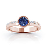 14K Gold Bezel 5MM Blue Sapphire & Diamond Ring (0.15 Ct, G-H, SI2-I1)
