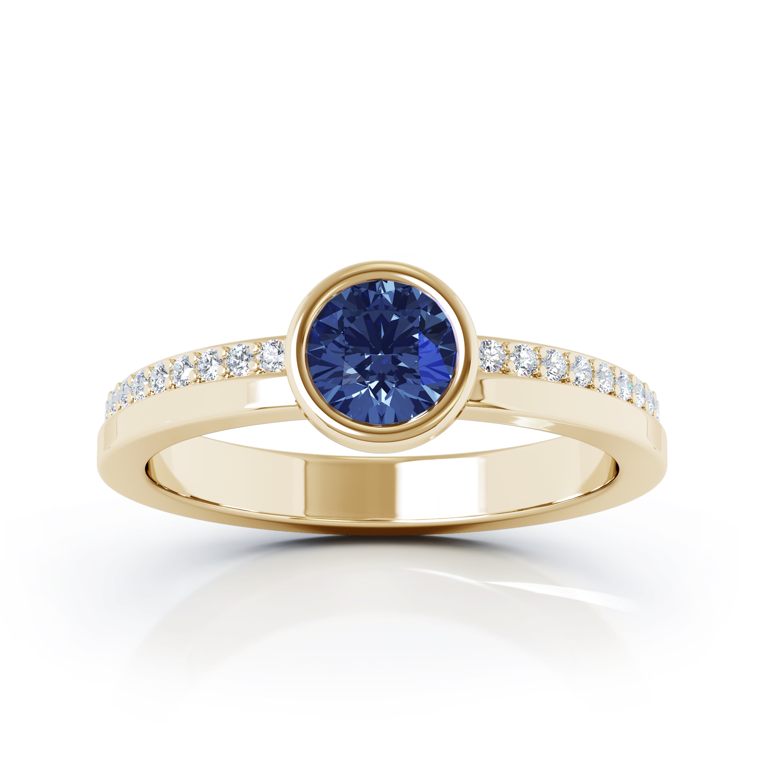 Bezel 5MM Sapphire & 0.15Ct Diamond Ring in 14K Gold