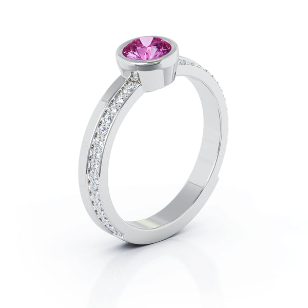 14K Gold Bezel 5MM Pink Sapphire & Diamond Ring (0.15 Ct, G-H, SI2-I1)
