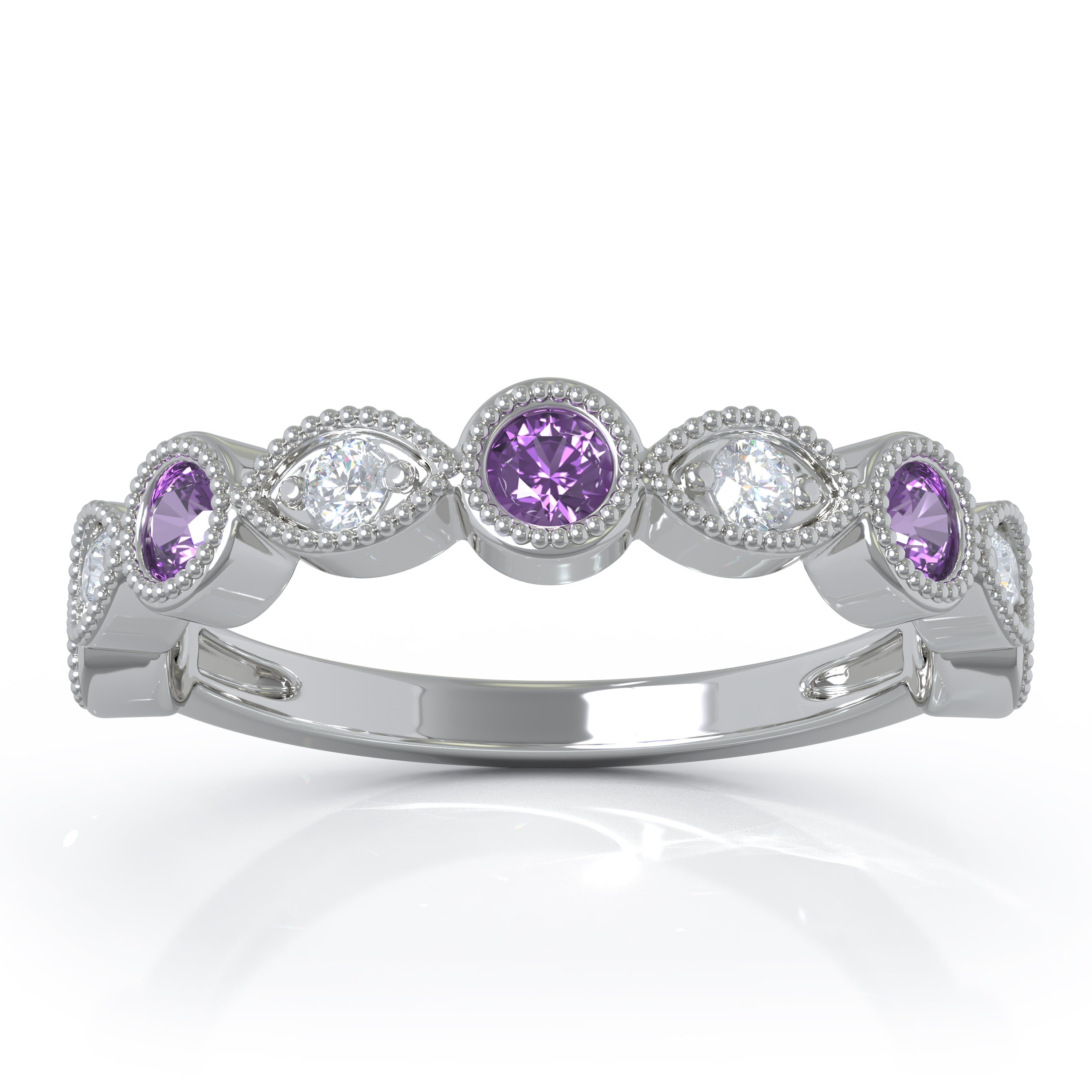 Amethyst & 0.12Ct Diamond Milligrain Wedding Band in 14K Gold