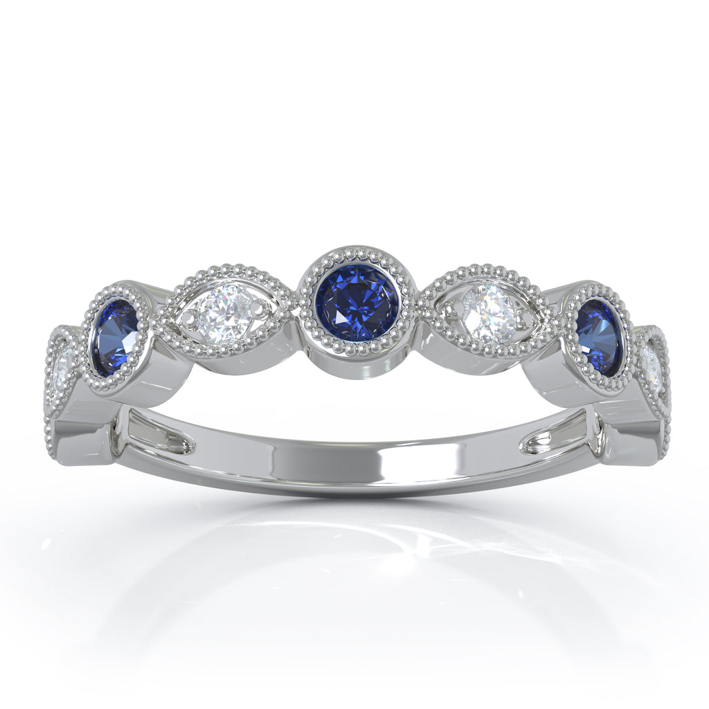 14K Gold Blue Sapphire & Diamond (0.12 Ct, G-H Color, SI2-I1 Clarity) Milligrain Wedding Band