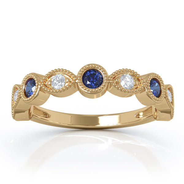 14K Gold Blue Sapphire & Diamond (0.12 Ct, G-H Color, SI2-I1 Clarity) Milligrain Wedding Band