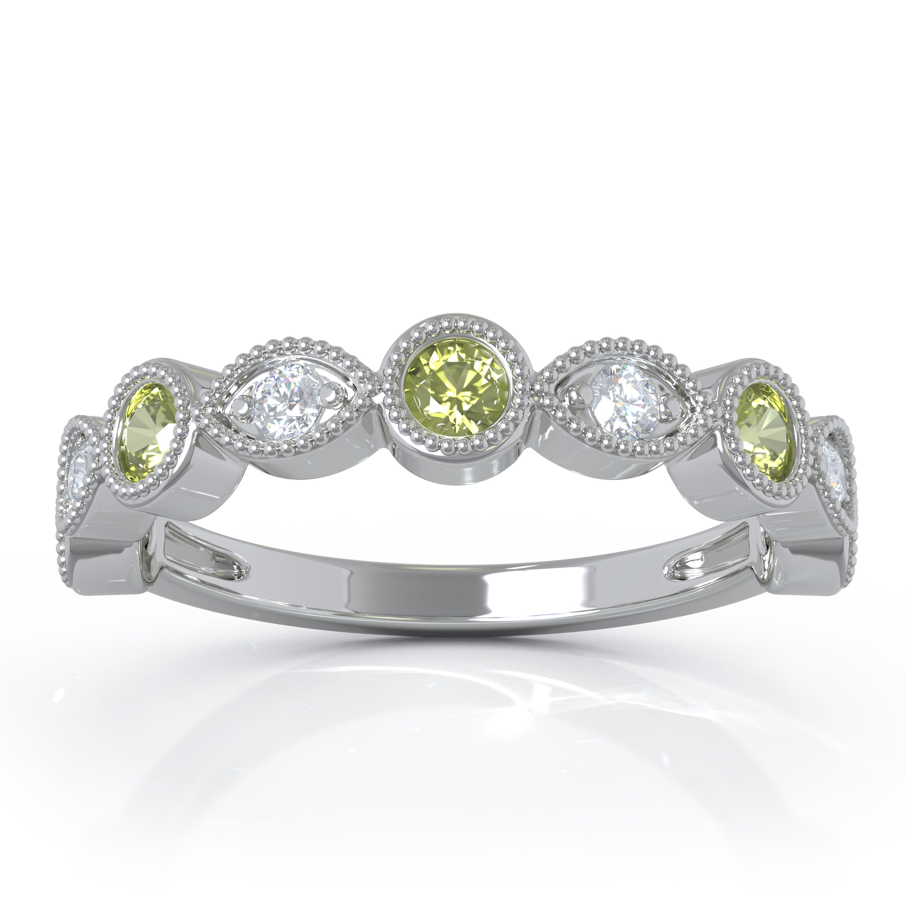 Peridot & 0.12Ct Diamond Milligrain Wedding Band in 14K Gold