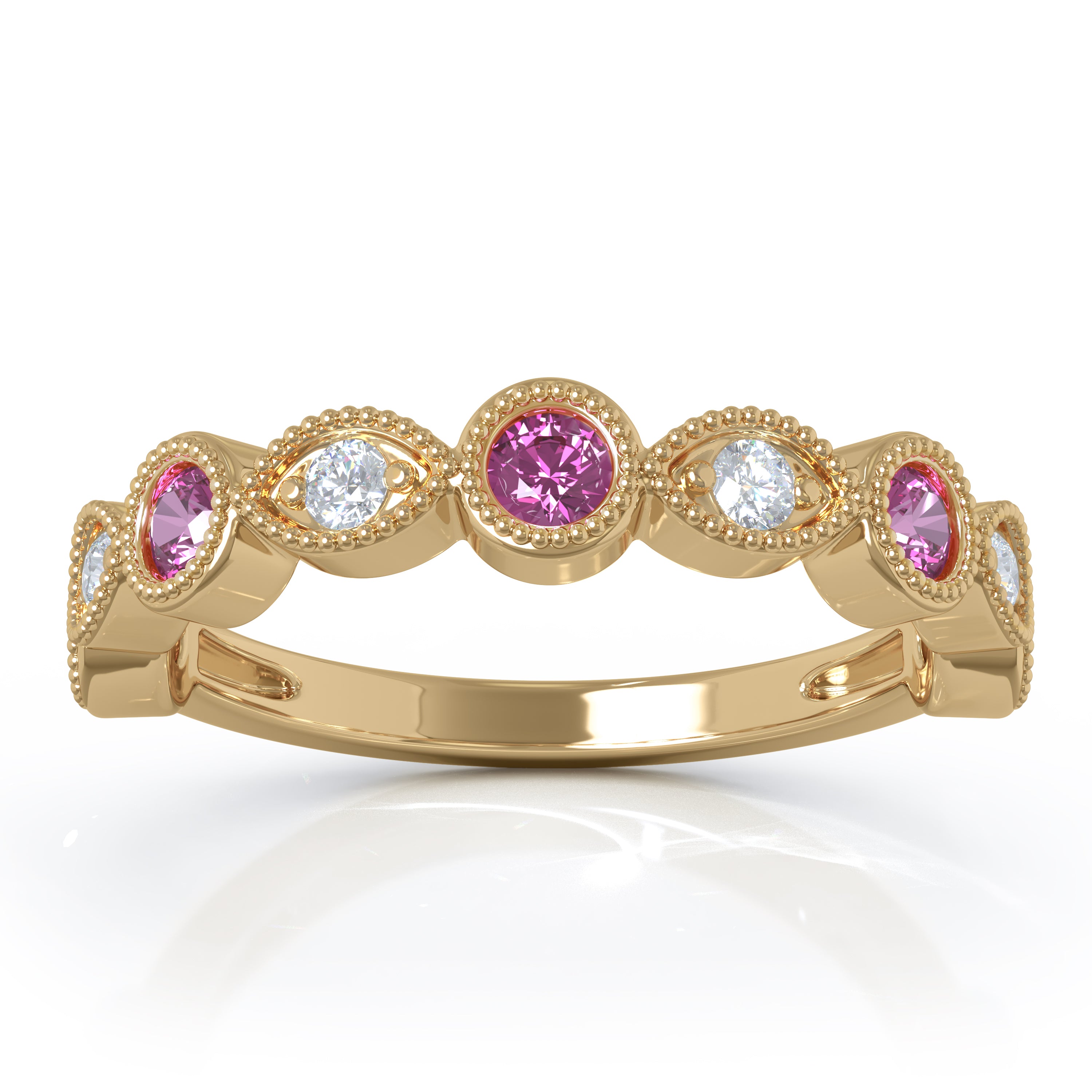 Pink Sapphire & 0.12Ct Diamond Milligrain Wedding Band in 14K Gold
