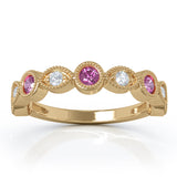 14K Gold Pink Sapphire & Diamond (0.12 Ct, G-H Color, SI2-I1 Clarity) Milligrain Wedding Band