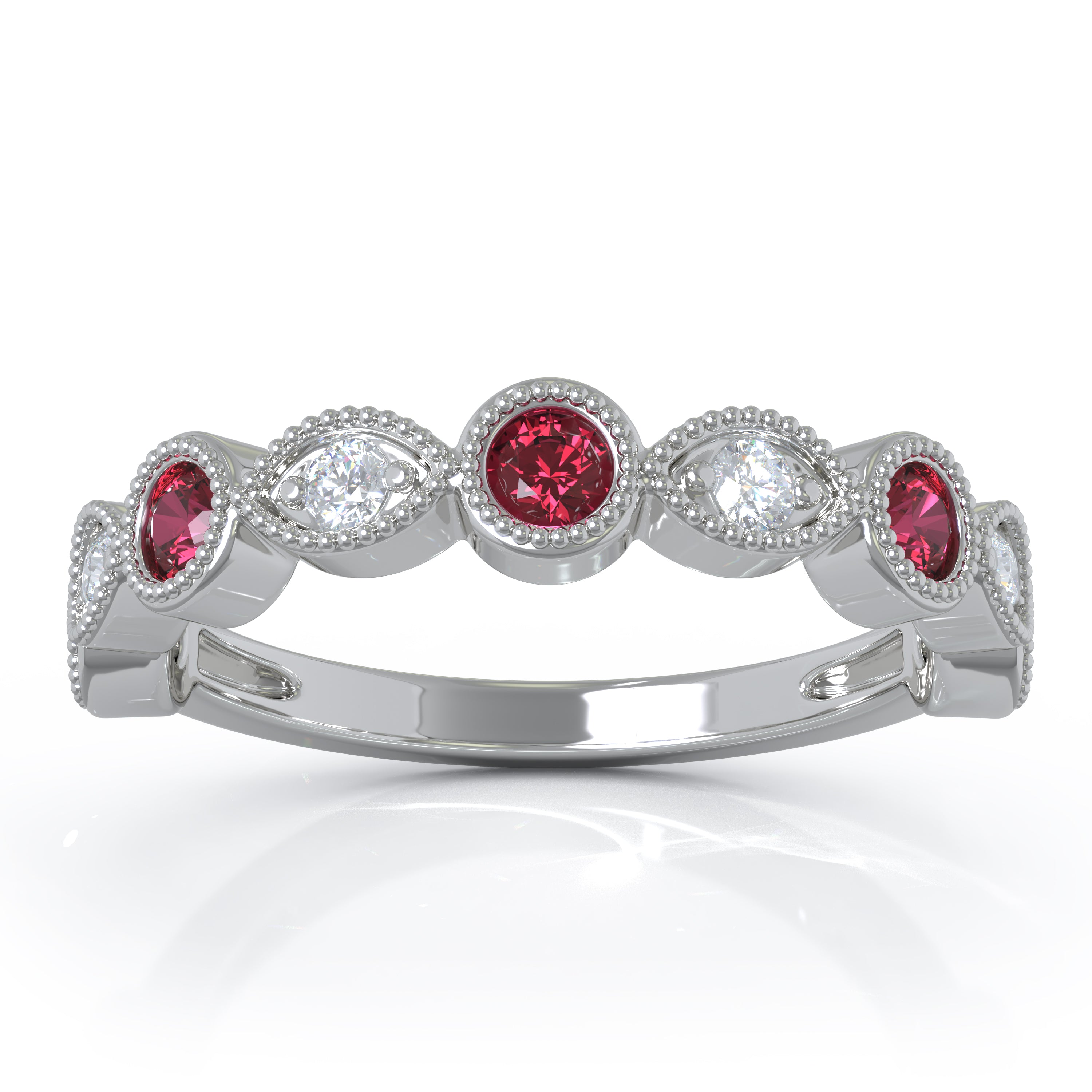 Ruby & & 0.12Ct Diamond Milligrain Wedding Band in 14K Gold