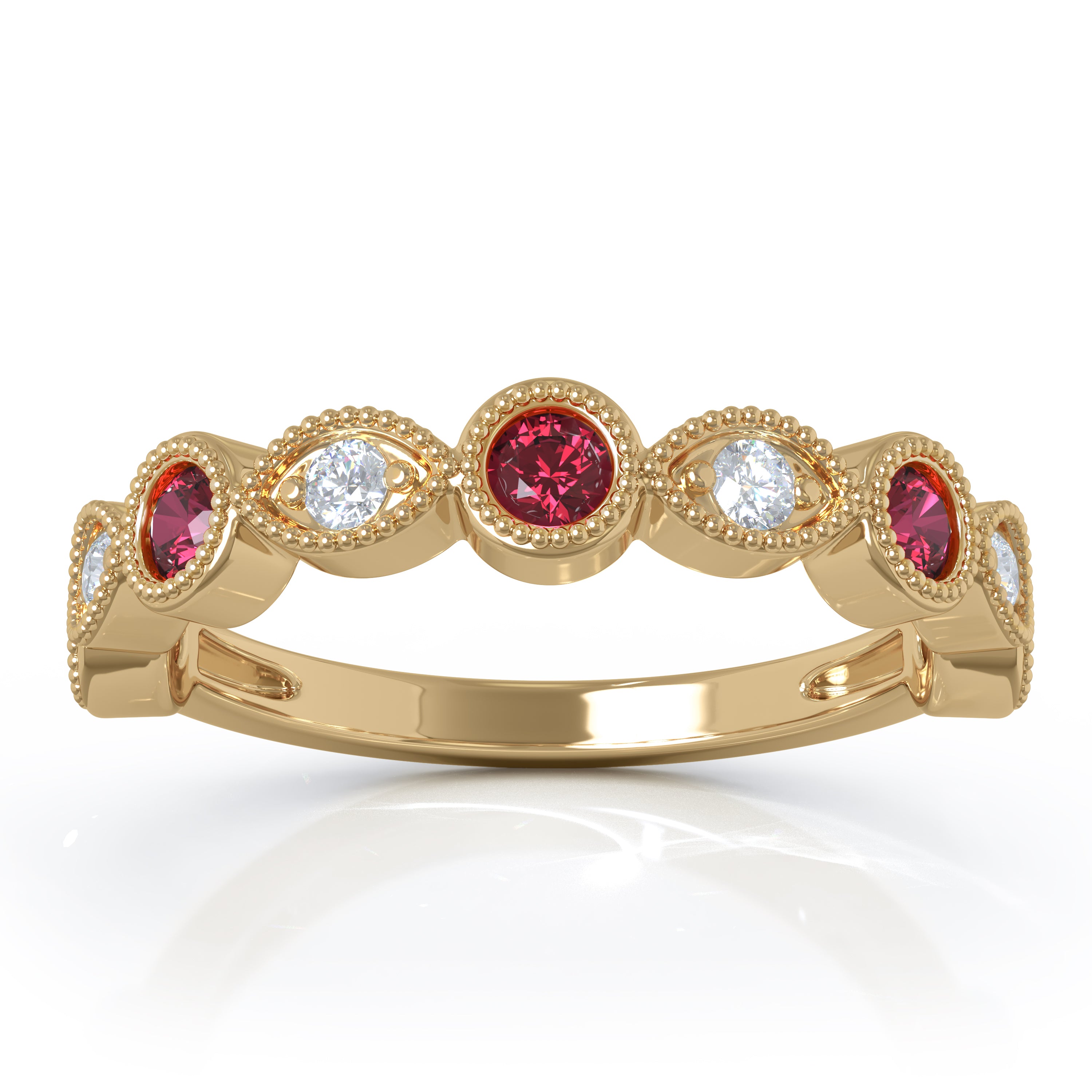 Ruby & & 0.12Ct Diamond Milligrain Wedding Band in 14K Gold