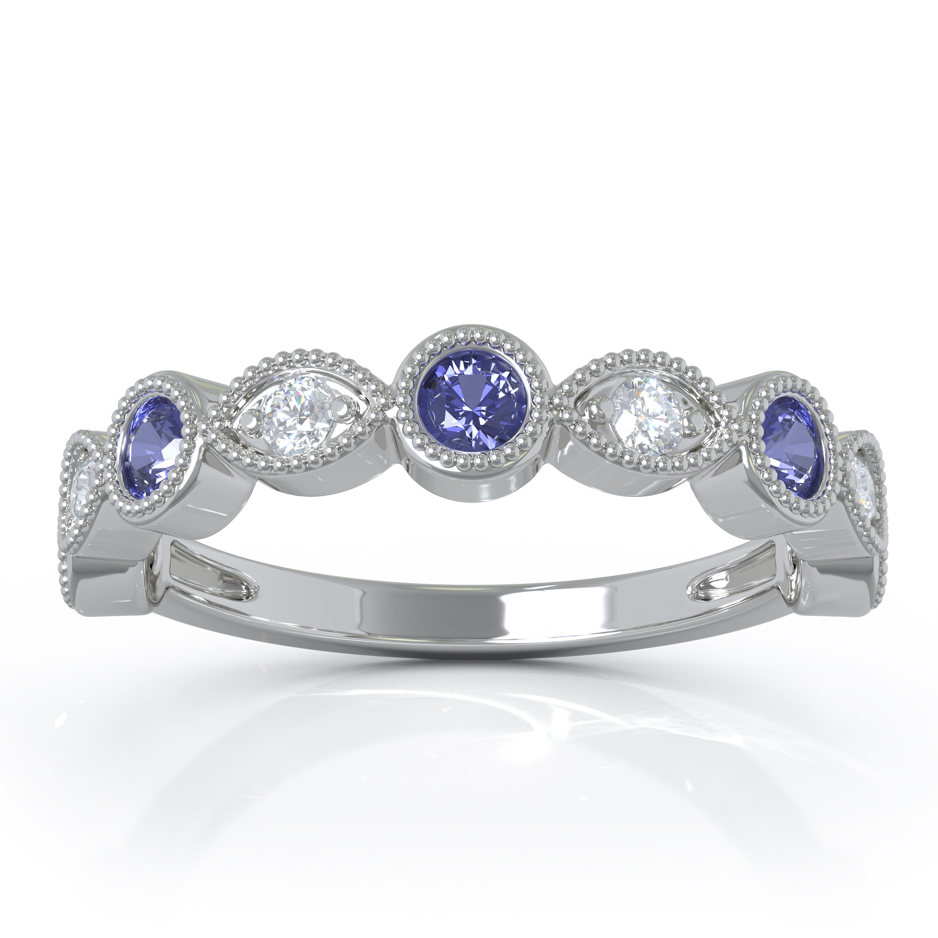 Tanzanite & 0.12Ct Diamond Milligrain Wedding Band in 14K Gold