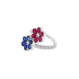14K Gold Ruby, Sapphire & Diamond Cluster Double Flower Ring