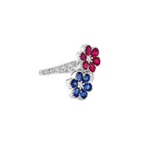 14K Gold Ruby, Sapphire & Diamond Cluster Double Flower Ring