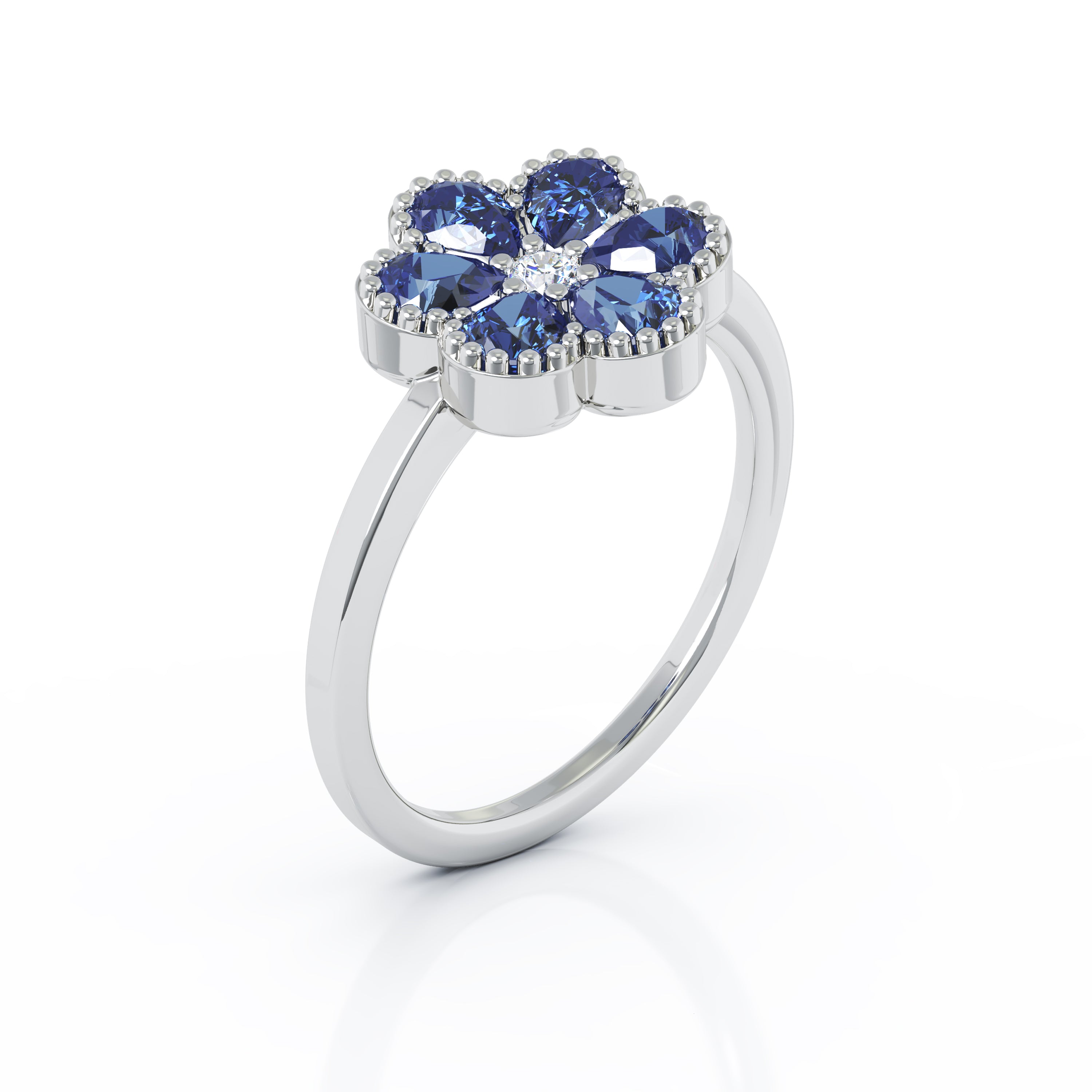 Blue Sapphire & Diamond Flower Ring in 14K Gold