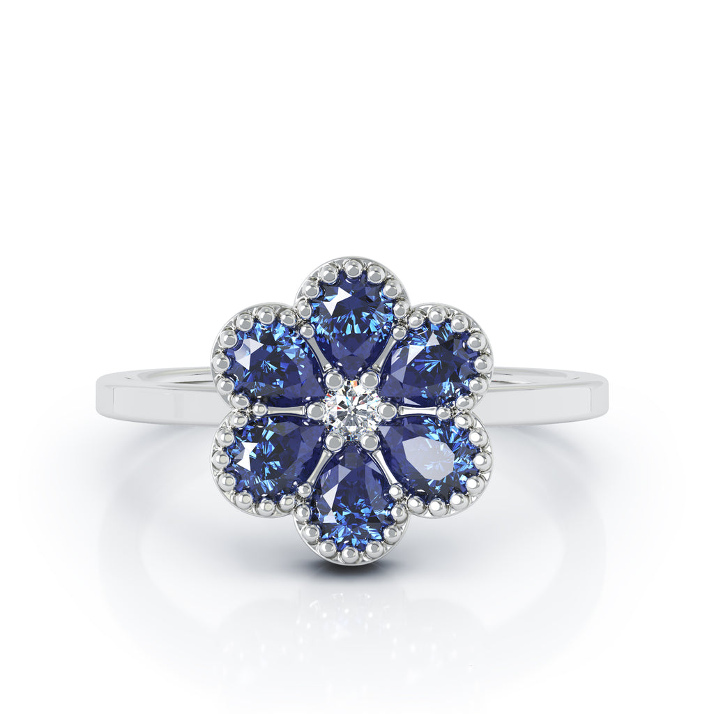 14K Gold Blue Sapphire & Diamond Cluster Flower Ring Special