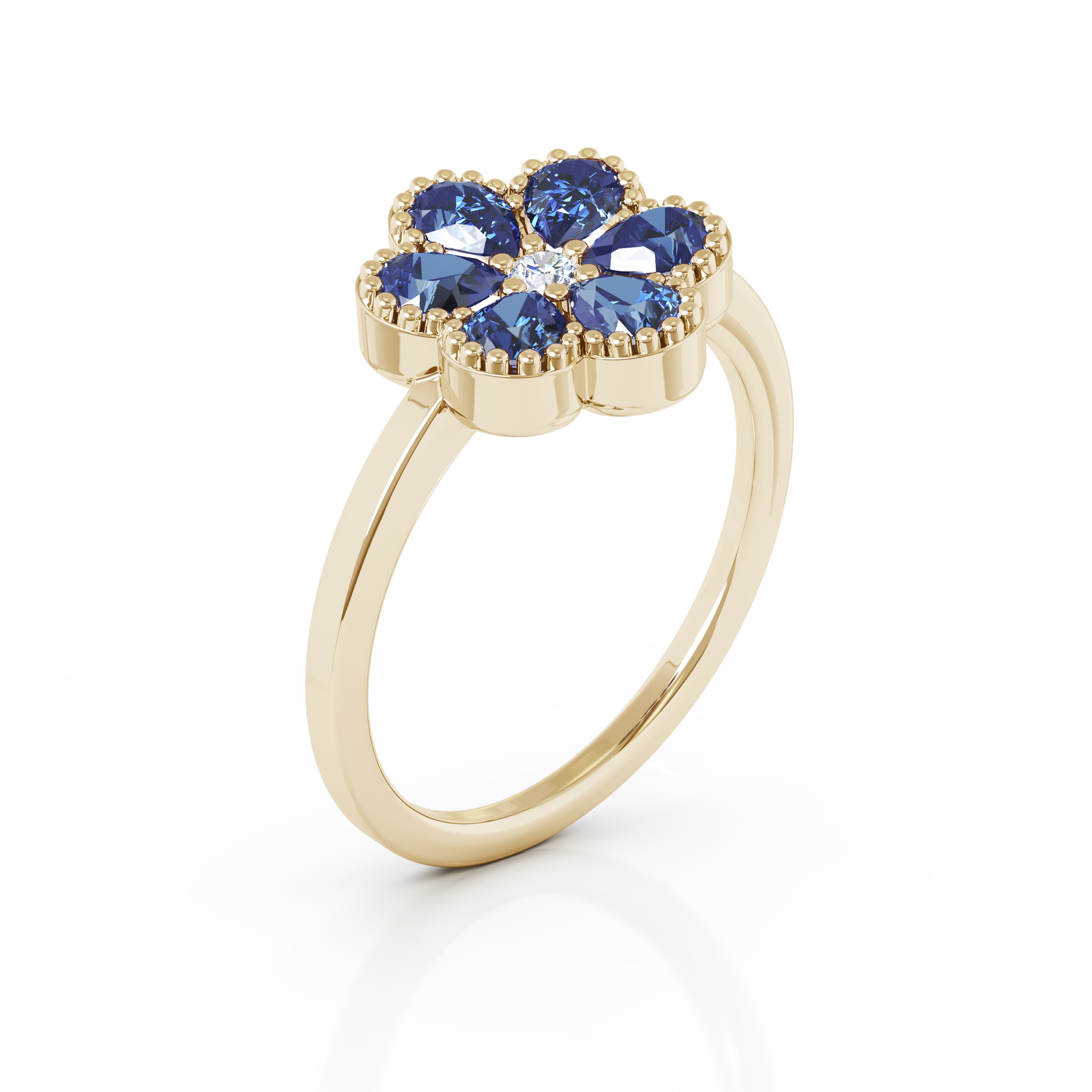 Blue Sapphire & Diamond Flower Ring in 14K Gold