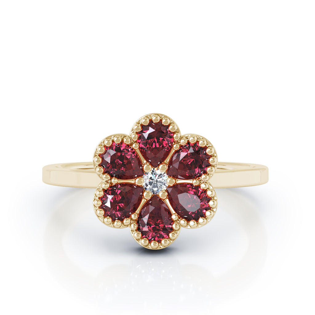 Ruby & Diamond Textured Flower Ring 14K Yellow Gold