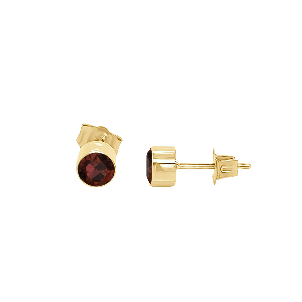 14K Gold Garnet Stud Earrings (4 MM; Round Cut; Bezel Setting)