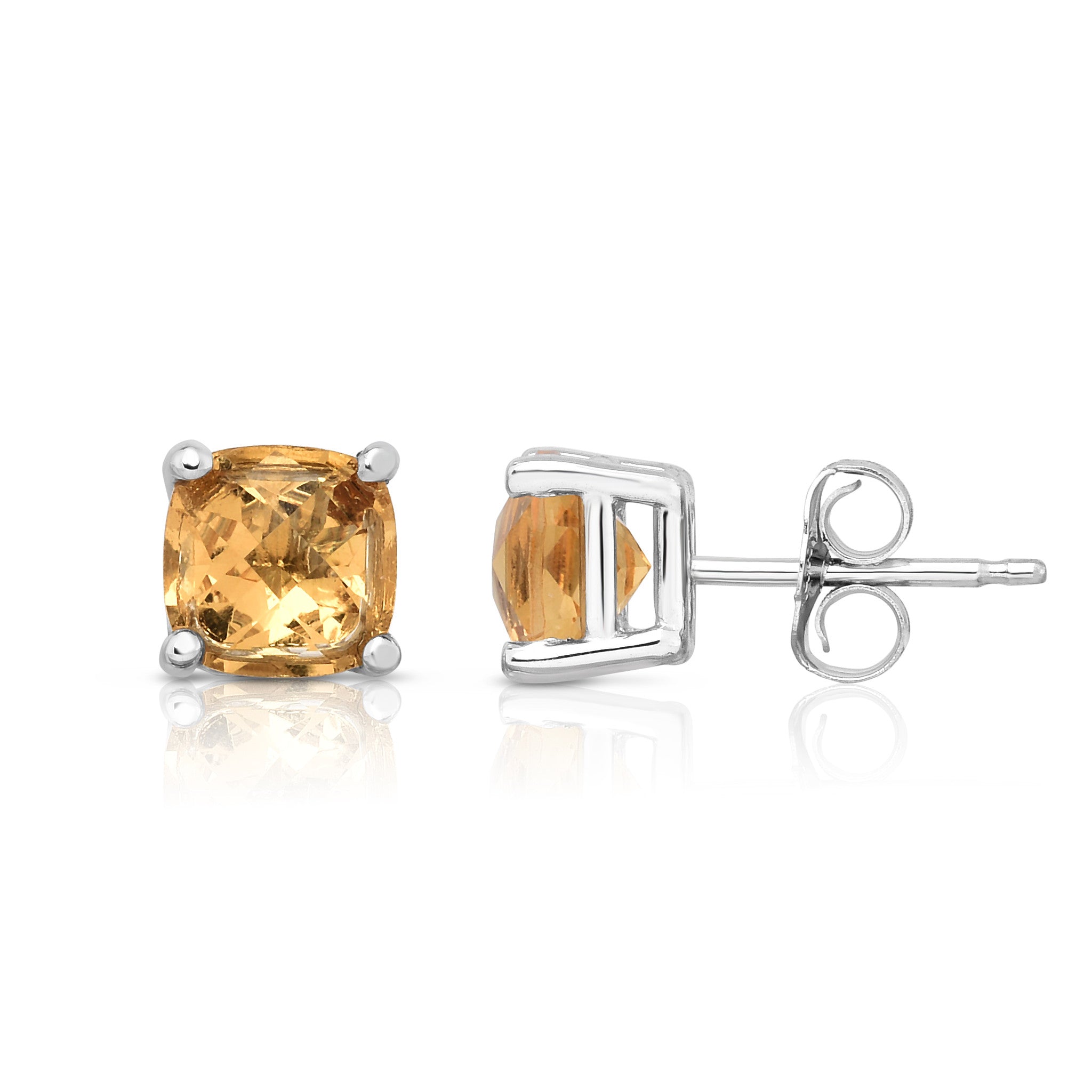 6MM Cushion Citrine Stud Earrings in 14K White Gold